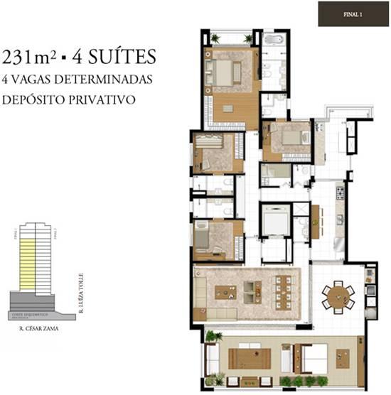 231 m2 -Planta Tipo Opção 4 suites, Grand Tolle Alto Padrão Santana